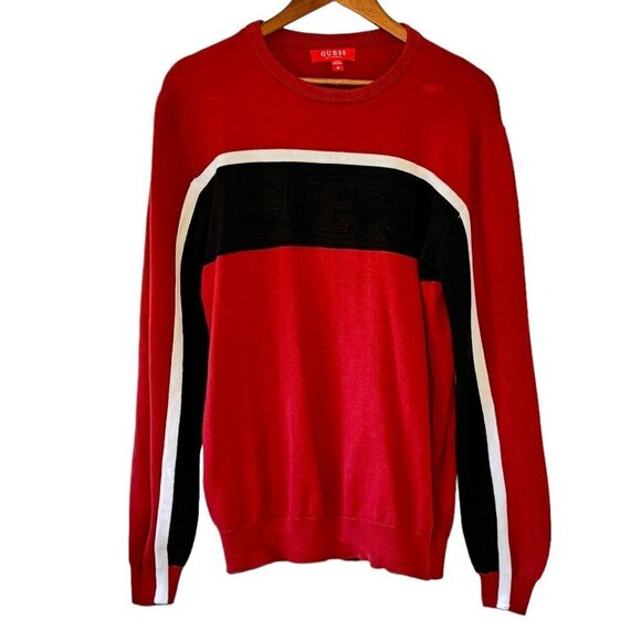 Guess Men's Row Color Block Sweater Deep Red with Striped Crossover Chest Logo M - Picture 2 of 10